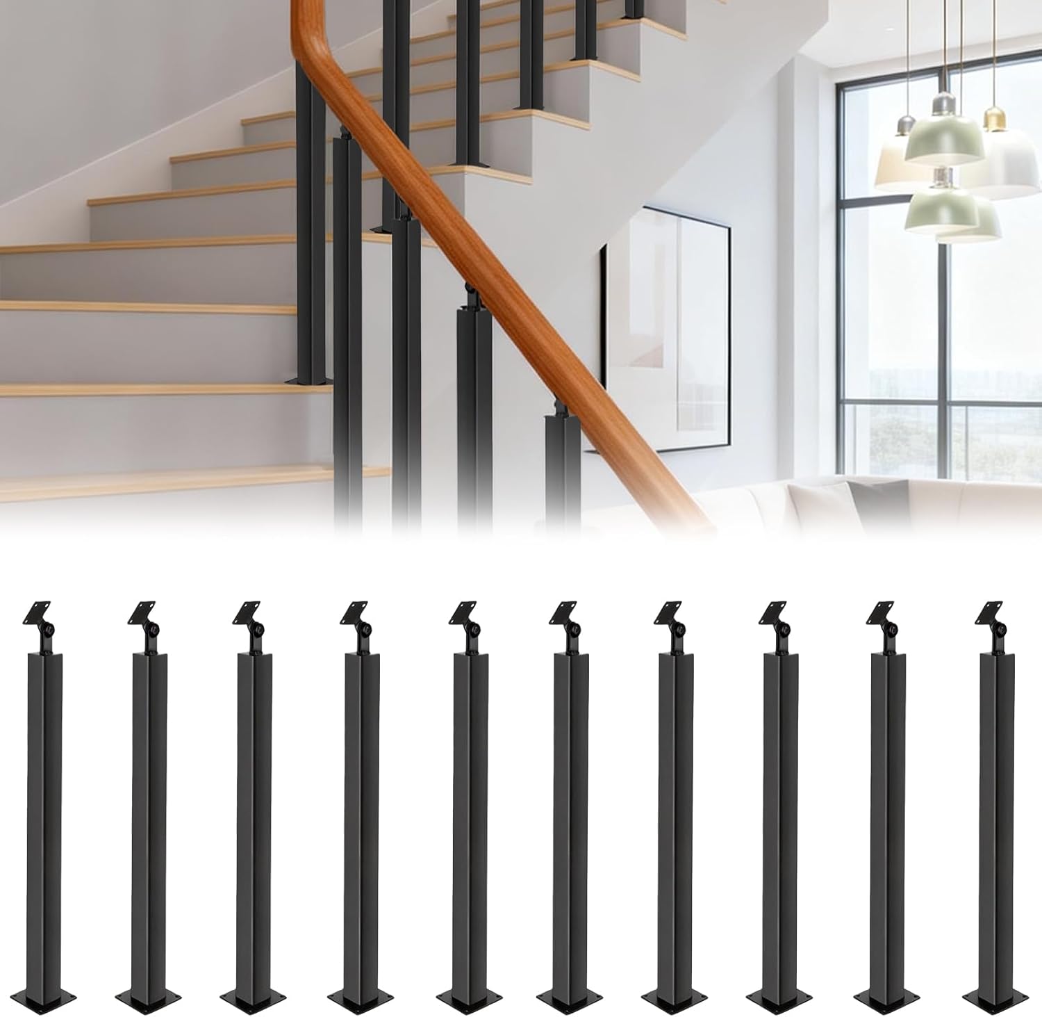 37" Stair Railing Post (Handrail Not Included), Metal Baluster Spindles, Square Metal Baluster Posts with Adjustable Top for Indoor Outdoor Railings Deck Steps Garden-Black