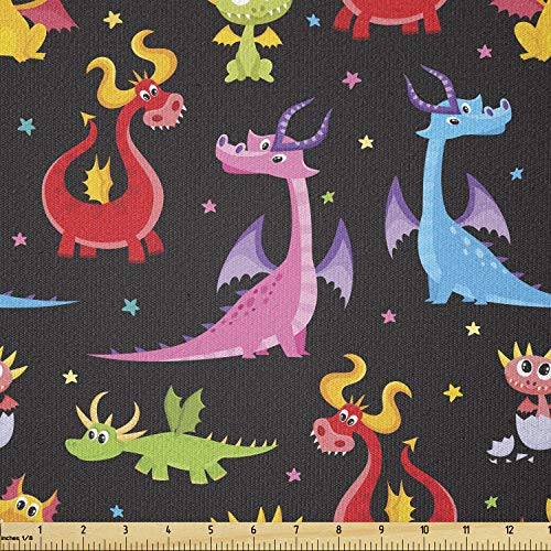 Image of Ambesonne Dragon Fabric by The Yard, Different Kinds of Colorful Comic Dragons on a Black Background with Little Stars, Stretch Knit Fabric for Clothing Sewing and Arts Crafts, 3 Yards, Pink Aqua