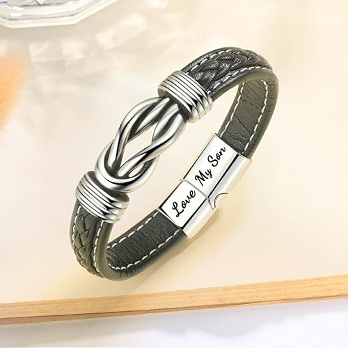 Miniatura 5 de APHRO Pulsera de cuero trenzado con texto en inglés "Mother and Son Forever Linked Together", de acero inoxidable entrelazado, joyería de regalo de