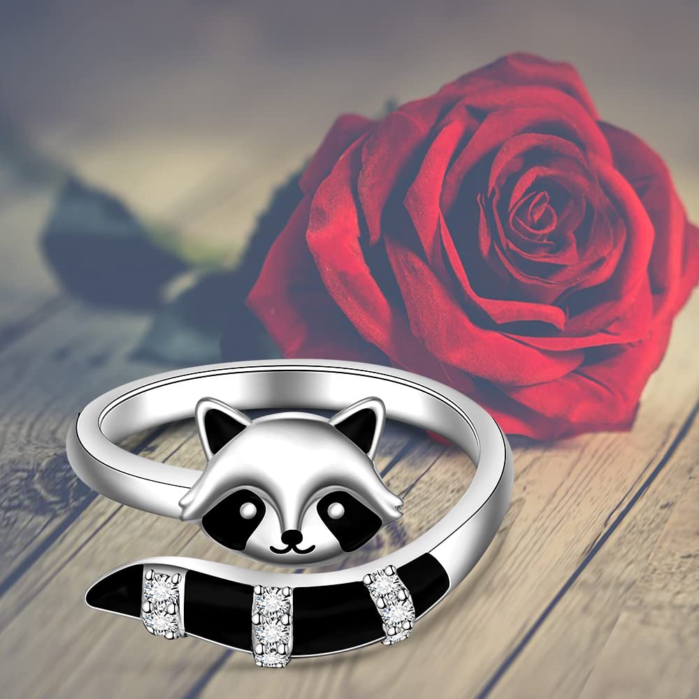 Anillos de mapache ajustables para mujeres, adolescentes, niñas, de plata de ley, lindos y divertidos anillos abiertos de animales, regalos de joyería para amantes del mapache, talla 8