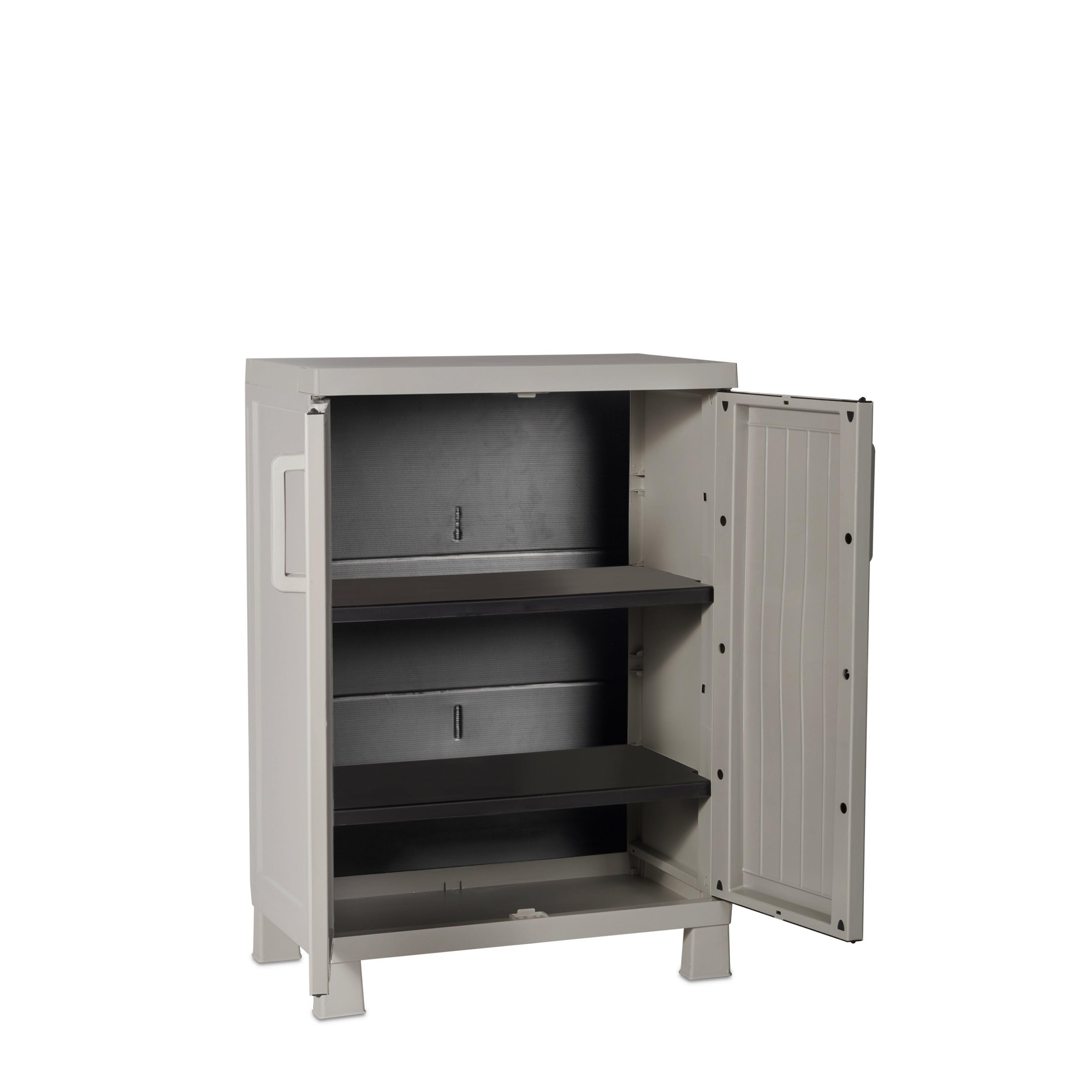 Toomax Armadio Wood Midi Basso 65x37x93h cm in plastica resistente effetto legno grigio tortora/grigio chiaro, con 2 ripiani regolabili e piedini, ideale per garage, cantine e spazi interni