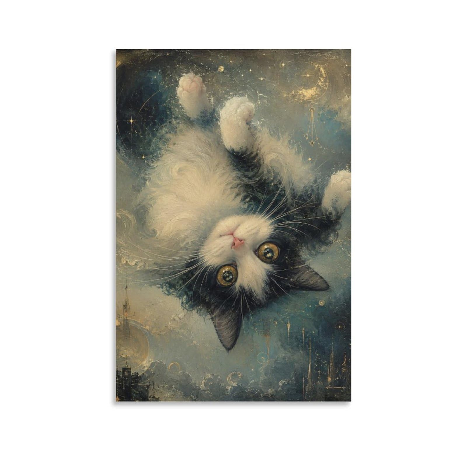 W7C8U2X3 Upside Down Cat Moonlit Canvas Wall Art, Whimsical Cat Wall Art