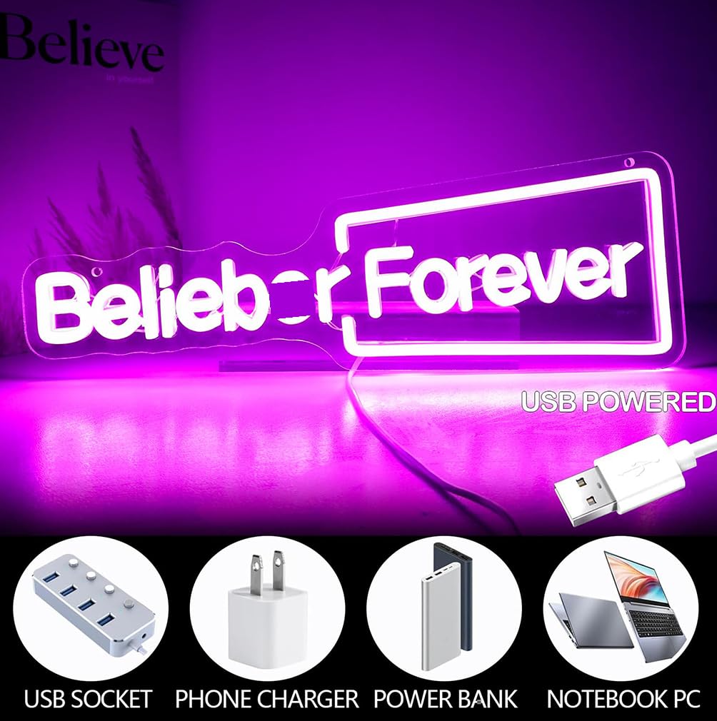 Belieber Forever Neon Sign – Lampada da parete a LED per camera da letto, dormitorio, decorazione per feste, pop star canadese, regalo artistico