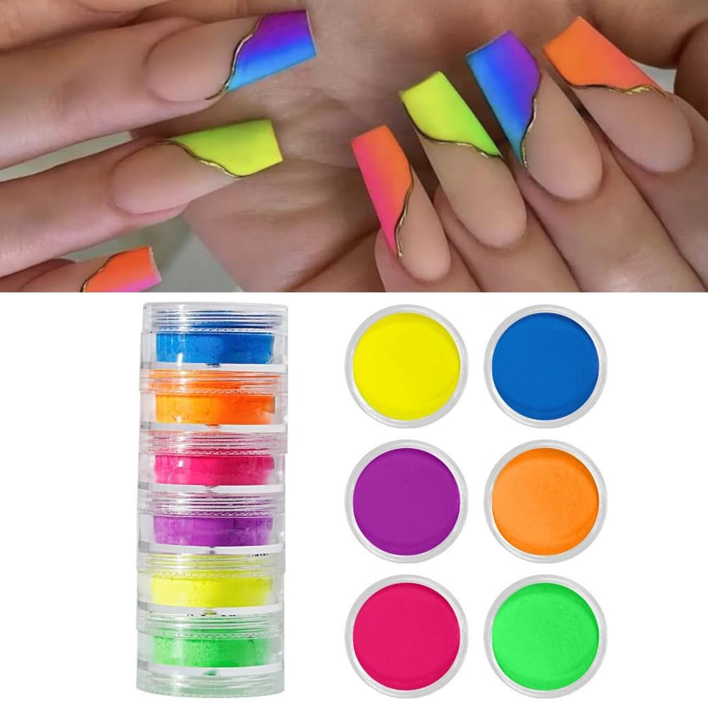 S.A.V.I 6 Jars Neon Nail Pigment Powder Set - Fluorescent DIY Nail Art Decoration (Yellow, Blue, Orange, Purple, Pink, Green) - 35g Each | Vibrant UV Gel, Acrylic Colors | Long-Lasting, Easy to Use-image-20