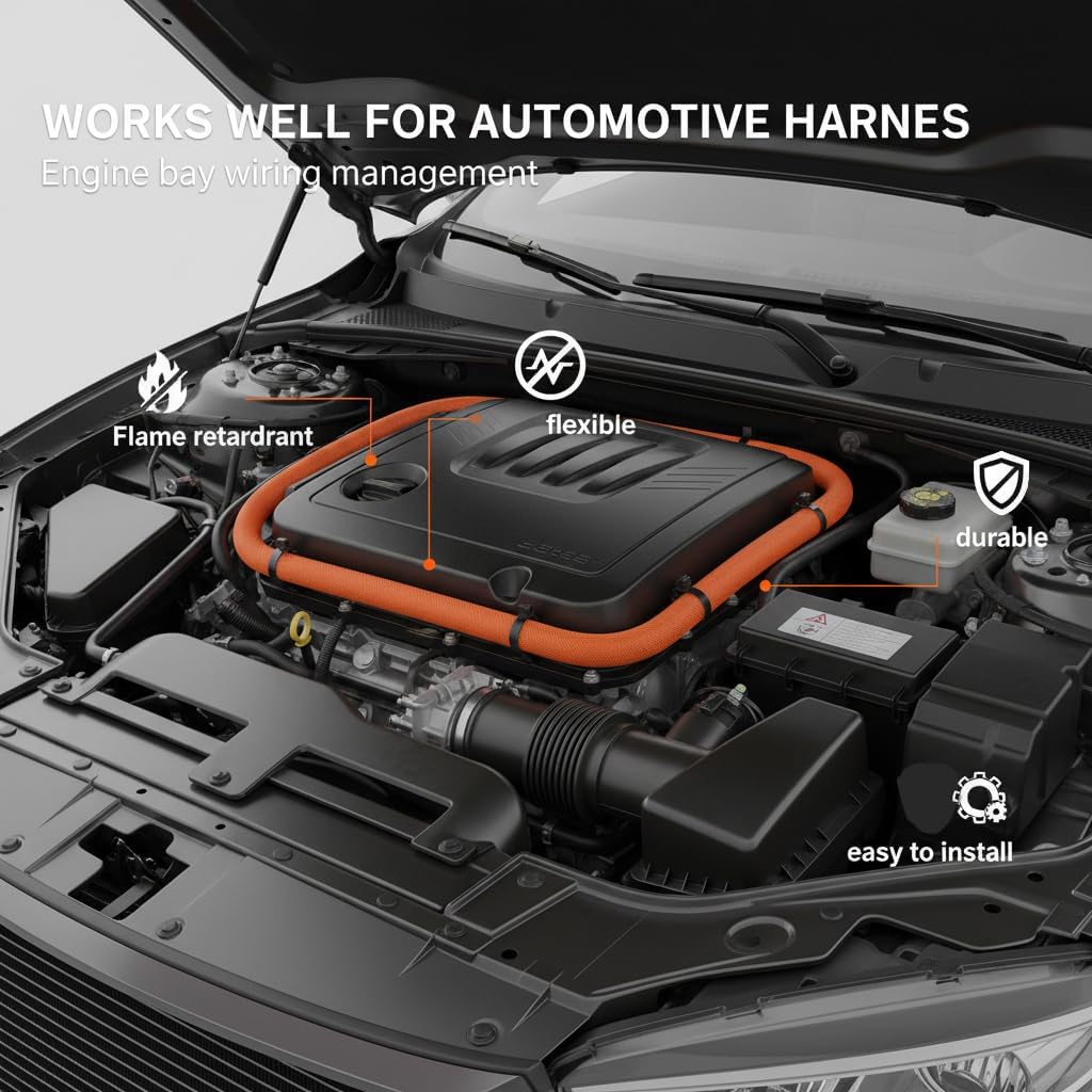Automotive Split Wire Loom Braided Cable Sleeve, High Temperature 300°F Heat Resistant & Flame Retardant, Self-Wrapping Wire Harness Protector Car Cable Management (Black, 1/2"-50Feet)