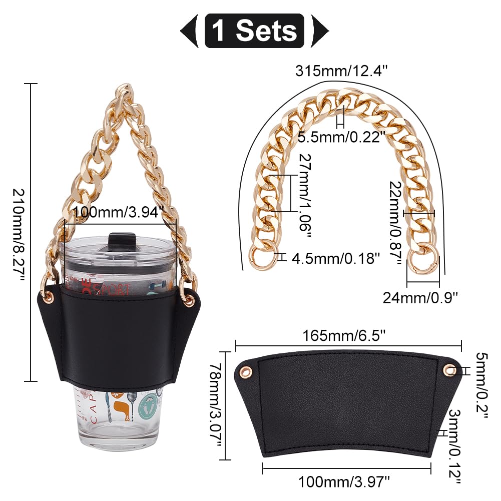 WADORN Portable Coffee Cup Sleeve Holder, PU Leather Reusable Cup Sleeve with Aluminum Handle Chain Decorative Chain PU Leather Cup Sleeve Drink Carrier for Hot Beverage Cup Water Cup, Black