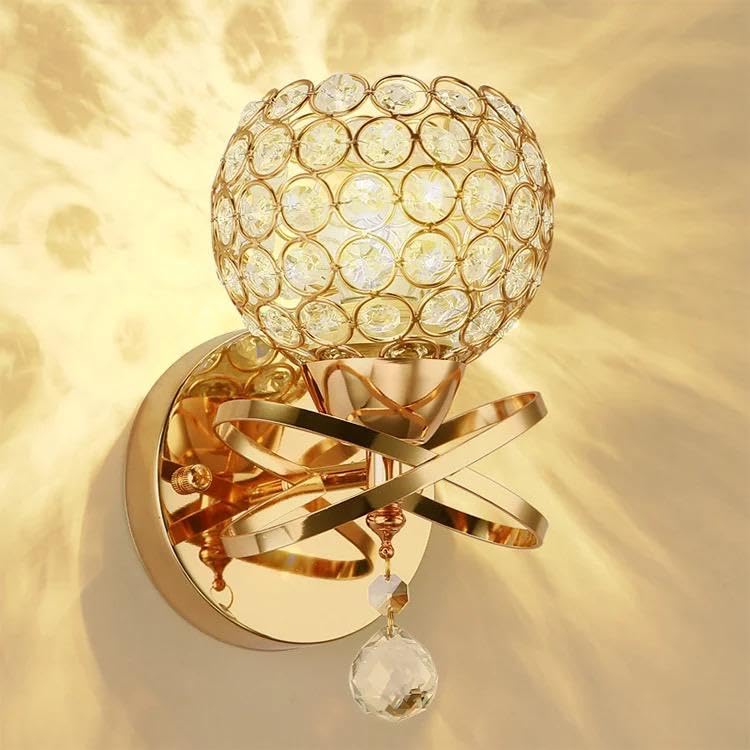 Image of blissbells Luxury Crystal Ball Wall Light with Golden Metal Frame | Modern Decorative Wall Lamp for Living Room, Bedroom, Hall & Staircase | Warm White Ambient Lighting
