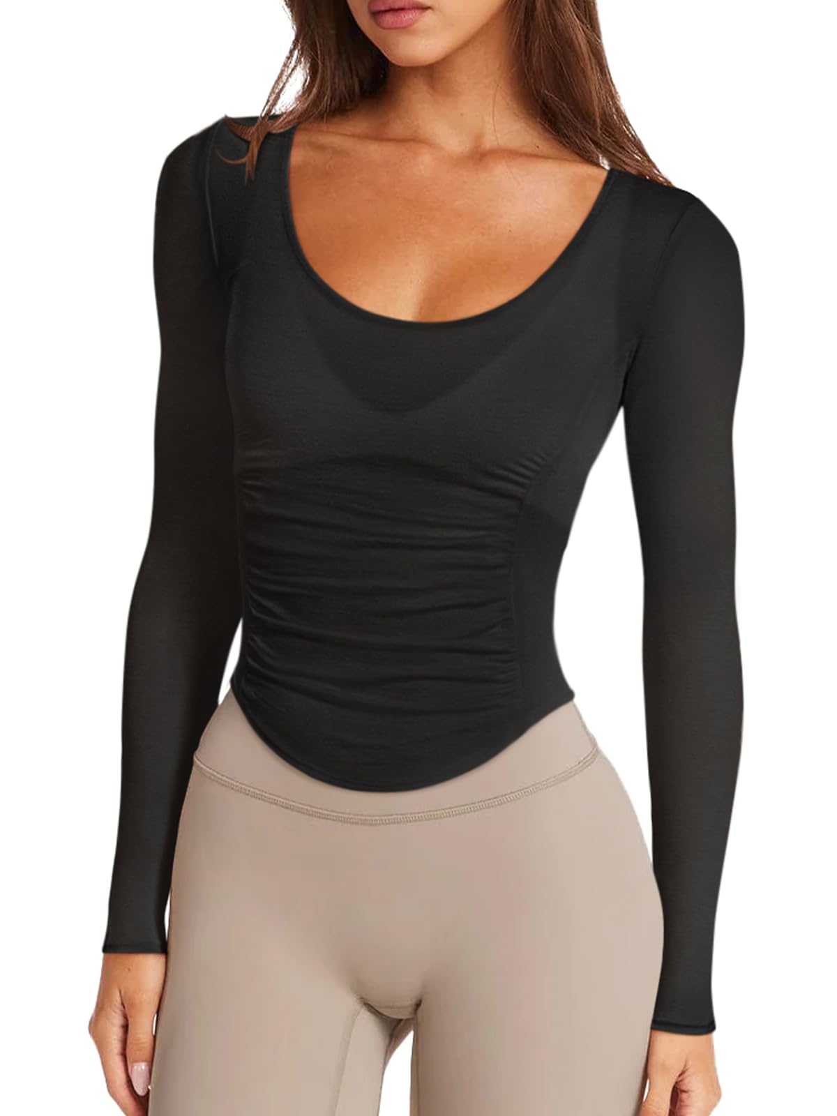 LASLULU Womens Long Sleeve Workout Tops Active Sheer Fitted Open Back Gym Yoga Athletic Running Tops Wrap Top