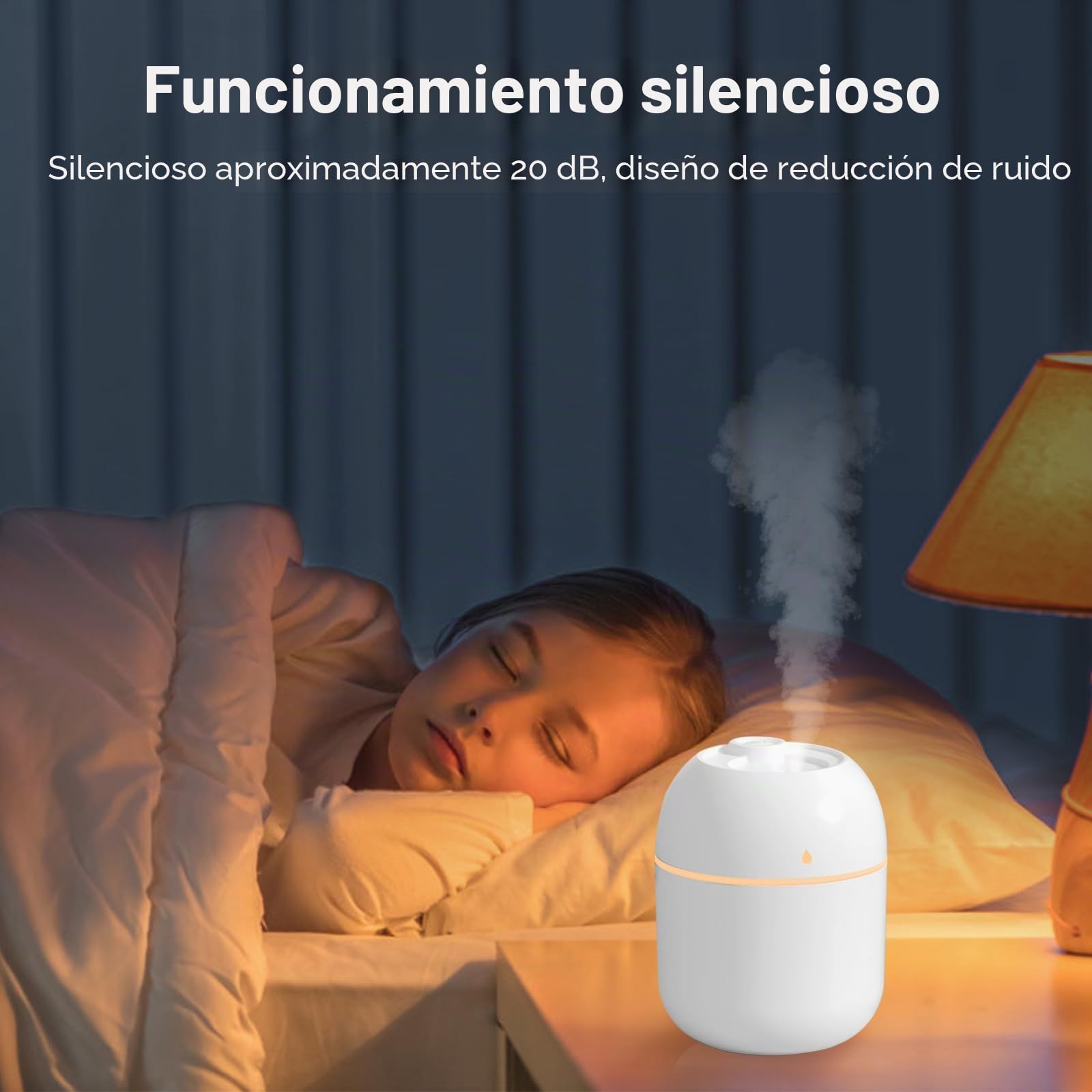 Humidificador portátil pequeño, humidificador personal USB de escritorio para coche, oficina, dormitorio, apagado automático, 2 modos de niebla, súper silencioso (220 ml, blanco)