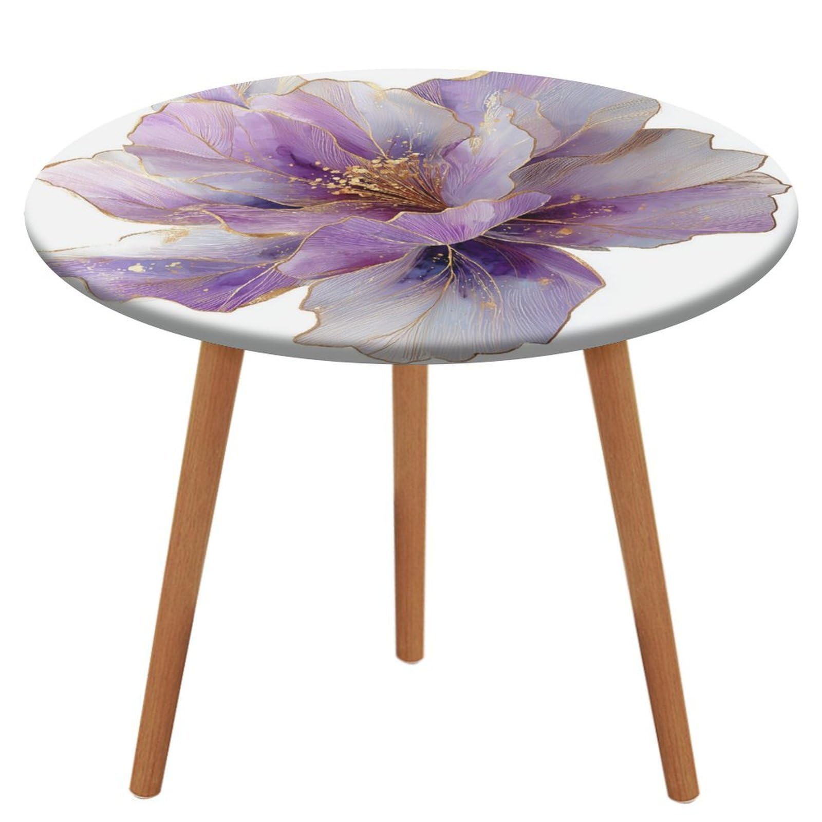 Jubonexis Abstract Watercolor Translucent Lilac Flower with Gold Round Tablecloth,Waterproof Elastic Fitted Table Covers for Picnic Camping Dining 130 Cm