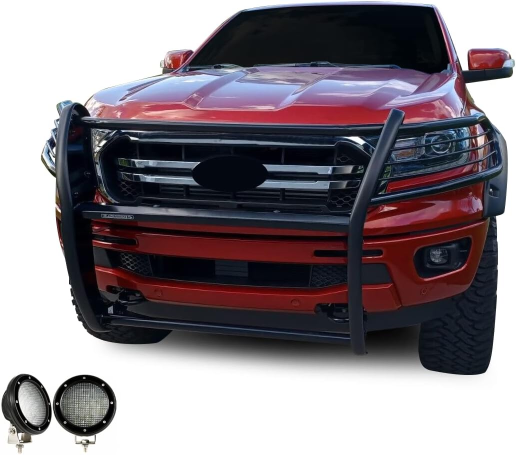 Black Horse Grille brush Bumper Guard Modular Black Come with Pair of 5.3" Dia.LED Lights with Black Trim Rings Compatible with 2019-2023 Ford Ranger-17FP10MA-PLFB