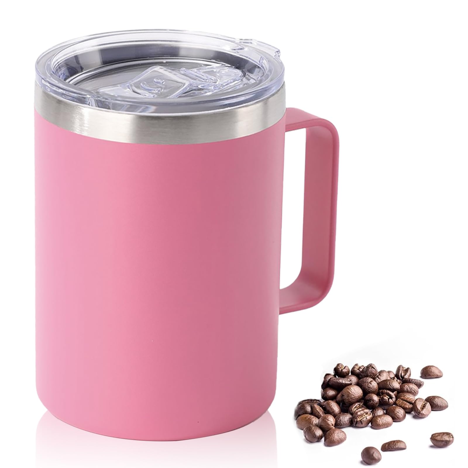 YueXing 16oz Black Insulated Coffee Mug with Handle, Leakproof Double Wall Stainless Steel Travel Mug with Sliding & Straw Lid, Dishwasher Safe for Camping Commuting Hot Cold Drinks (Pink)