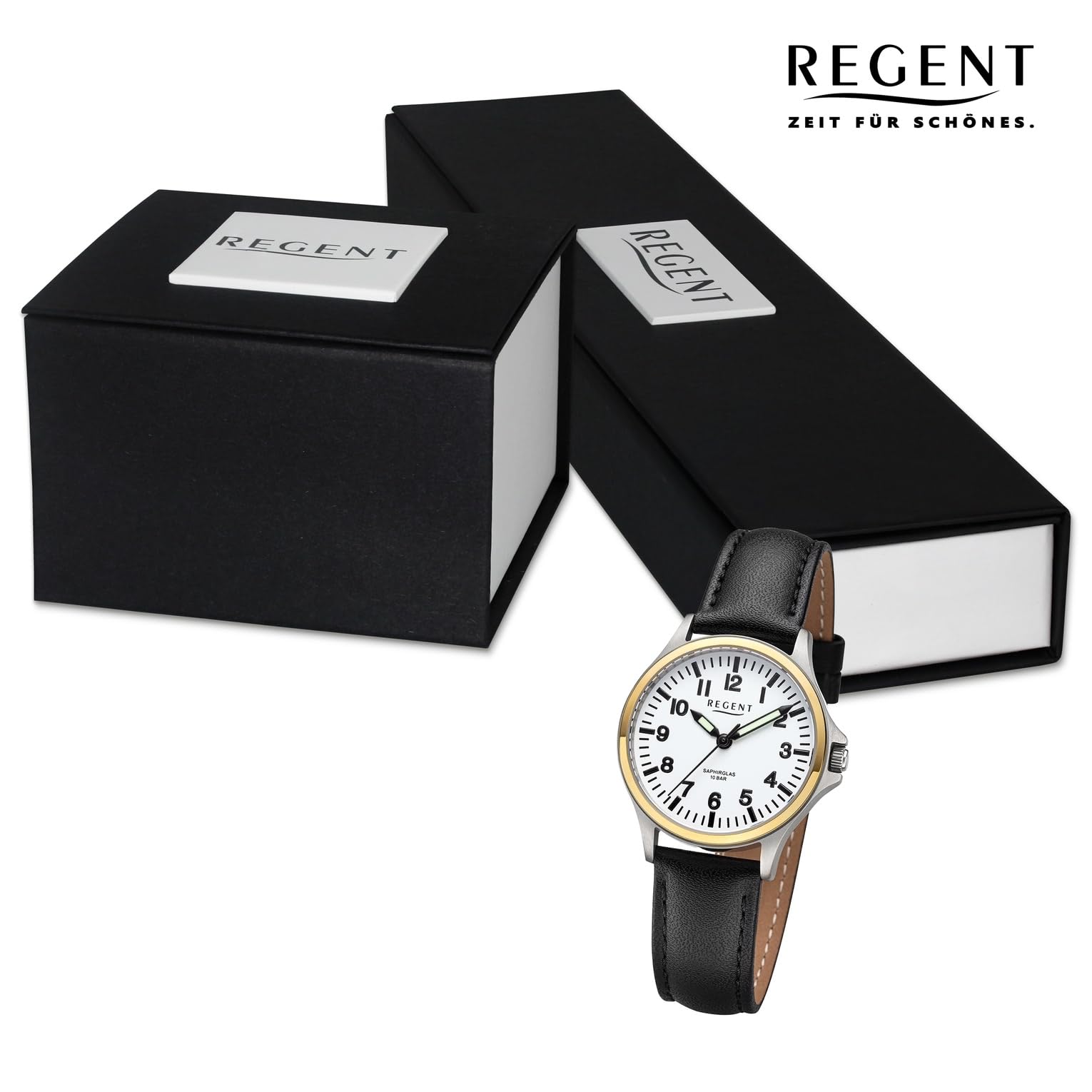 REGENT Orologio da donna unisex in titanio con cinturino in pelle, analogico, 10 ATM, vetro zaffiro 3287.91.19, Cinturino in pelle-bianco-bicolore, cinghia