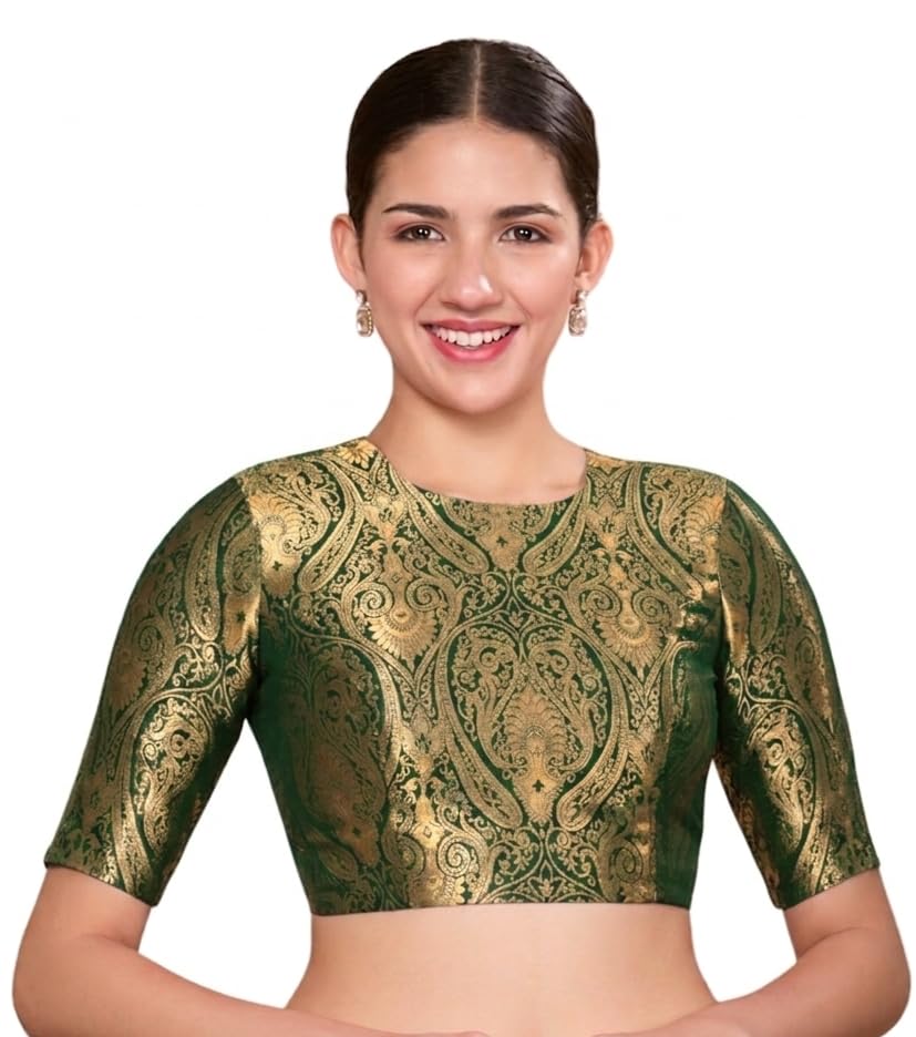 Image of Studio Shringaar Women Brocade Silky Jewel Neck Readymade Elbow Length Sleeve Saree Blouse