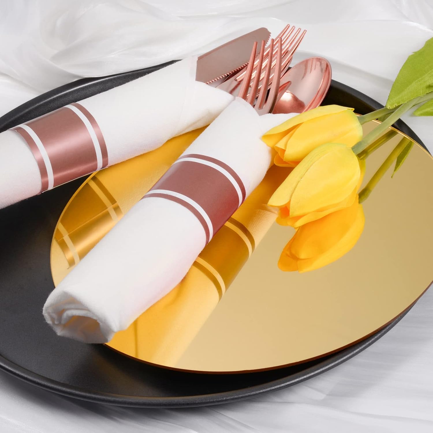 100Pack Rose Gold Disposable Plastic Silverware with Napkins - Pre Rolled Plastic Cutlery, Wrapped Party Silverware, Rolled Disposable Utensils with 100 Forks Knives Spoons Dinner Napkins for Party