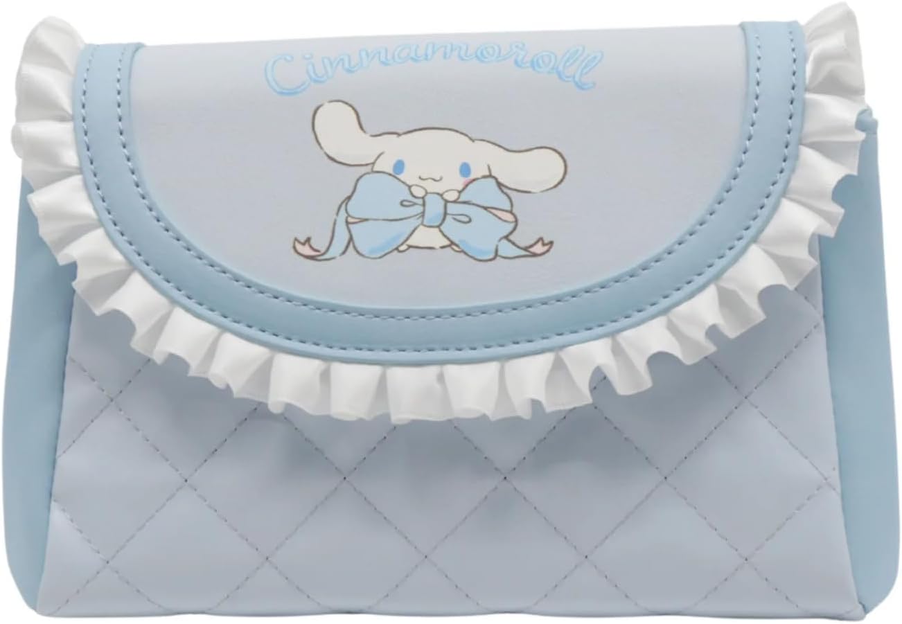 Impressions Vanity Cinnamoroll Lovely Ribbon Ruffled Cosmetic Pouch with Detachable Wristlet, Faux Saffiano Leather Travel Toiletry Bag with Satin Ruffle Trim, Inner Slip Pocket, and Silver Hardware
