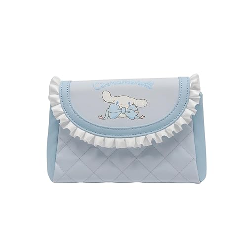 Impressions Vanity Cinnamoroll Lovely Ribbon Ruffled Cosmetic Pouch with Detachable Wristlet, Faux Saffiano Leather Travel Toiletry Bag with Satin Ruffle Trim, Inner Slip Pocket, and Silver Hardware