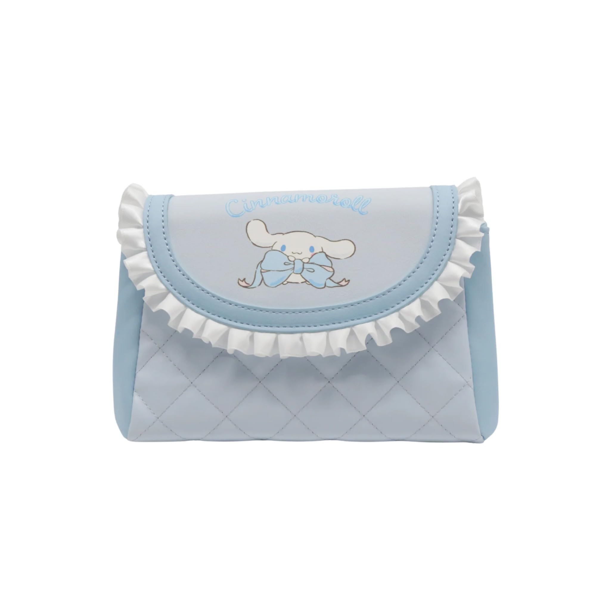 Impressions Vanity Cinnamoroll - Bonita bolsa de cosméticos con volantes con pulsera desmontable, bolsa de aseo de piel sintética Saffiano de viaje con ribete de volantes de satén, bolsillo interior