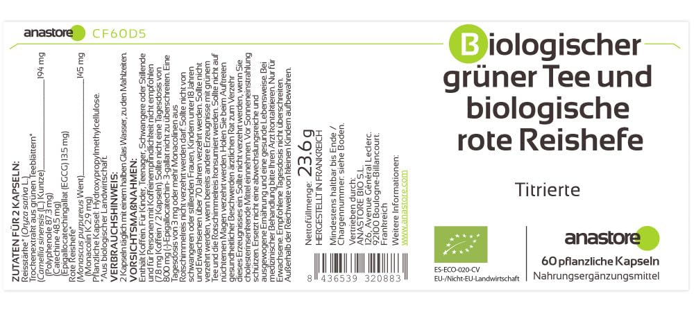 Lievito di riso rosso bio e tè verde bio * 387 mg / 60 capsule * titolato in Monacolina K, in Polifenoli, in Catechine e in EGCG * Antiossidanti.