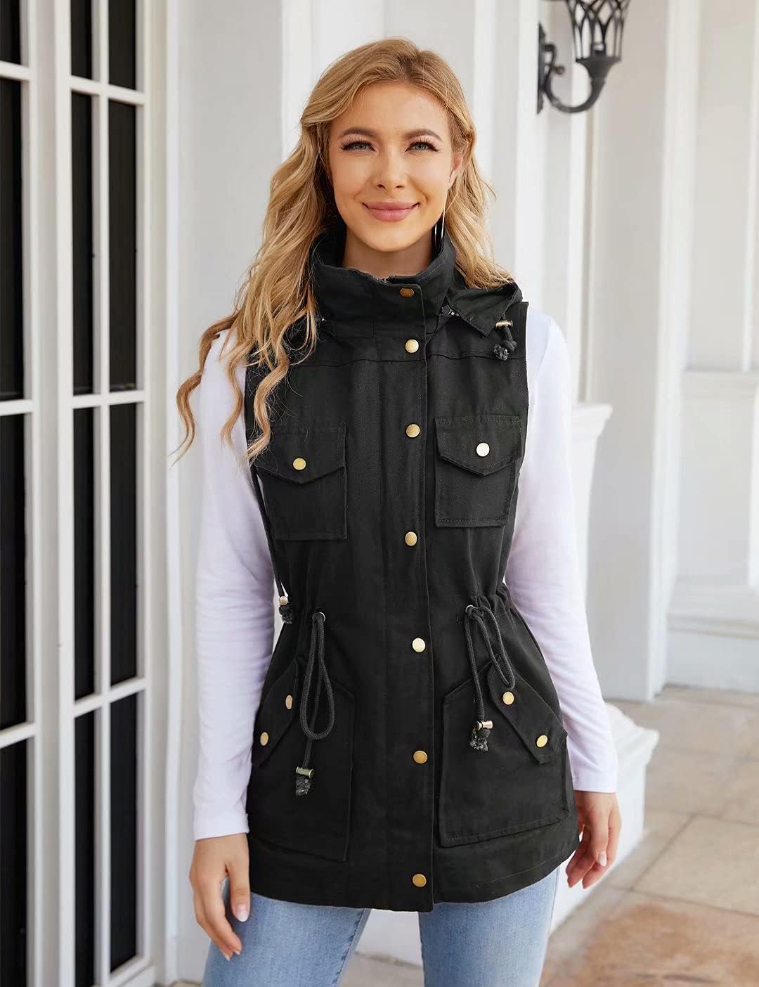 BBX Lephsnt Womens Utility Vest Drawstring Waist Military Sleeveless Jacket - Image 5