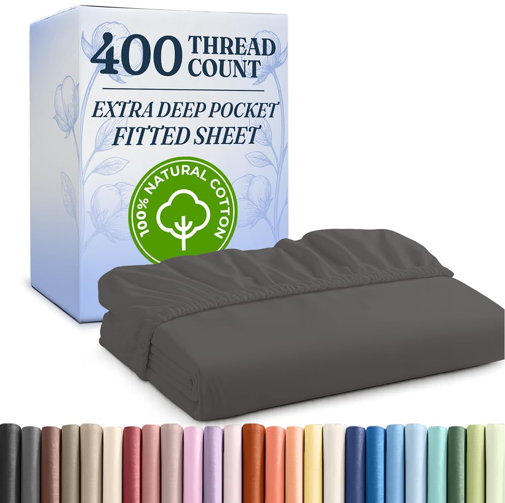 queen 400 thread count cotton fitted sheet - hotel quality 100% cotton - soft & wrinkle free - deep pockets - fits mattress perfectly with no pop-off elastic - one fitted bottom sheet only - dark grey