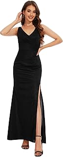 Formal Dresses V Neck Mermaid Prom Dress with Slit Long Cocktail Dress for Women Split Ruching Wedding Guests Dress