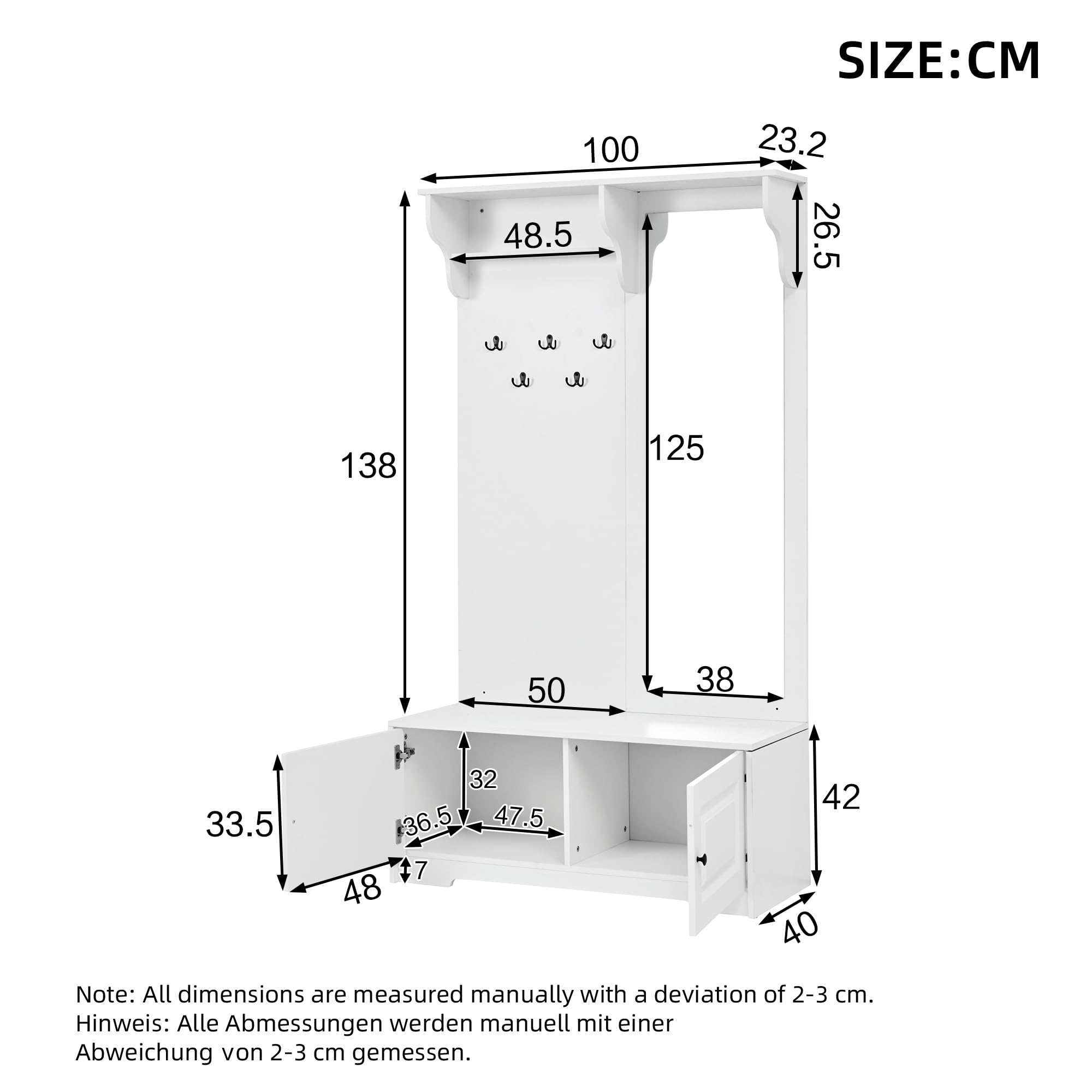 100 x 40 x 180 cm appendiabiti con specchio, 5 ganci per vestiti, 2 armadi e scaffali, appendiabiti con scarpiera, corridoio, guardaroba compatto, bianco