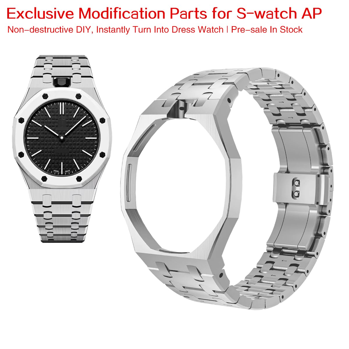 Kit di Modifica per Orologio Compatibile con S-Watch X AP Royal Pop Pocket Watch, Cassa in Acciaio Inossidabile Color Argento, Include Strumenti di Regolazione per La Silver