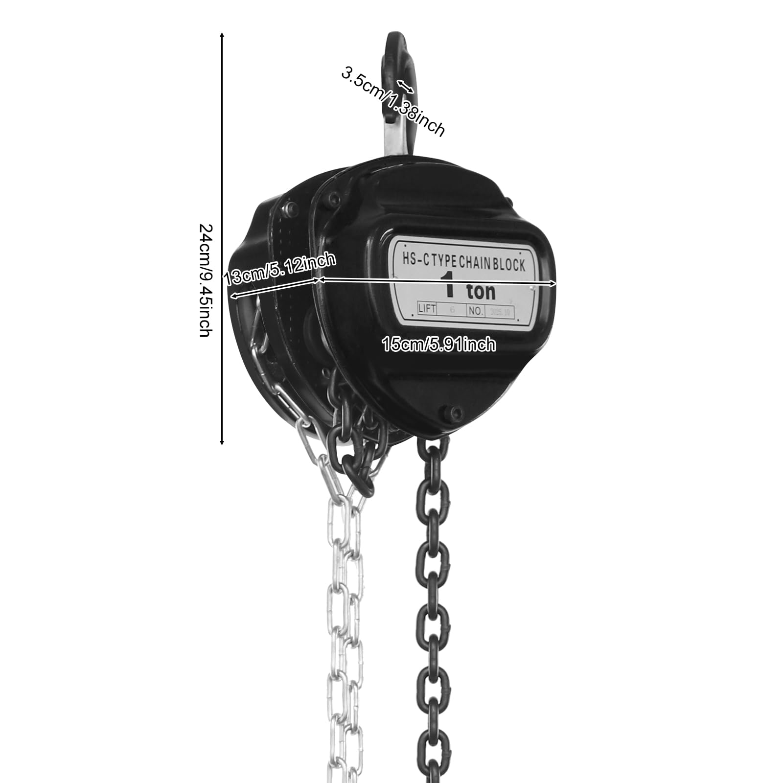 Palan à chaîne 1000 kg, hauteur de levage 6 m, acier au manganèse G80 + acier inoxydable, palan à chaîne manuel 1T (noir)