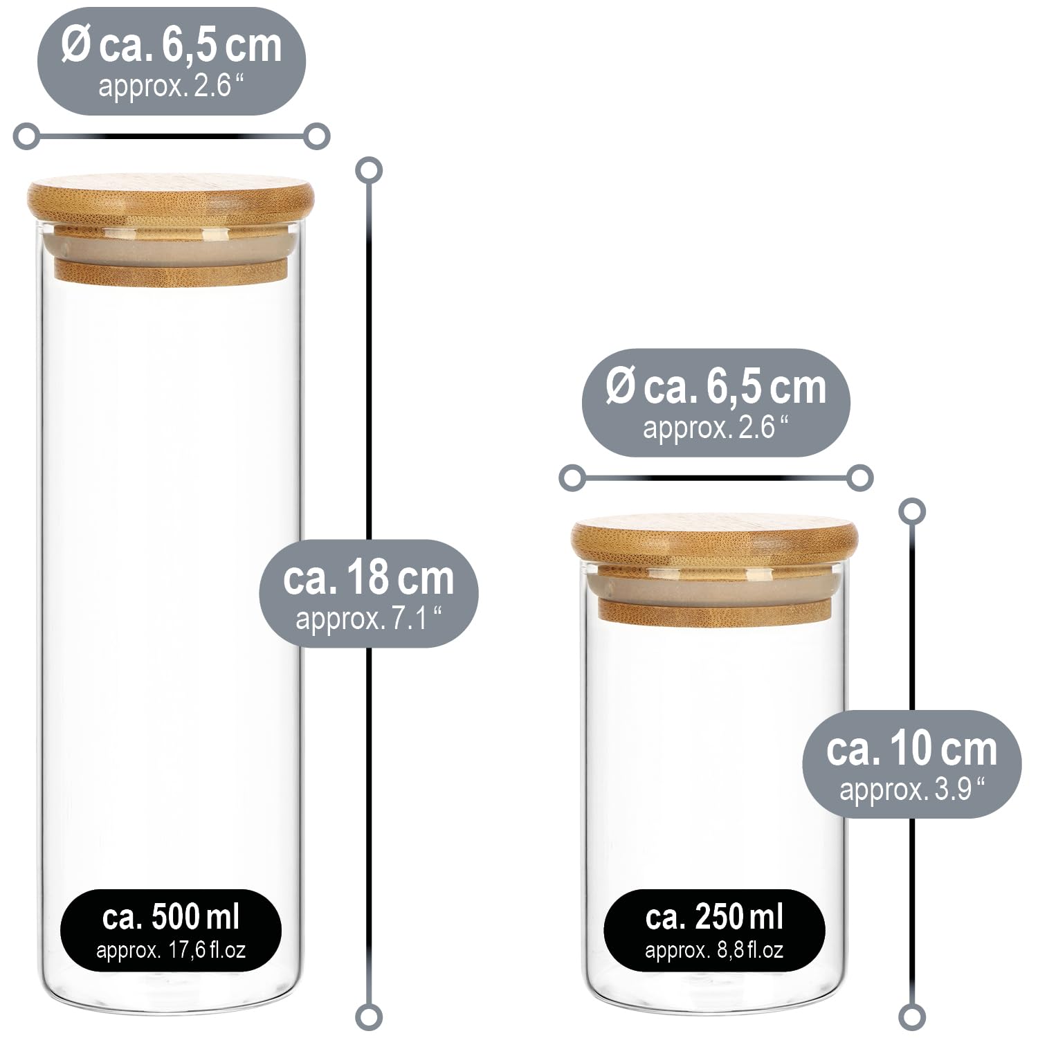 com-four® 24-teiliges Vorratsdosen-Set mit Bambus-Deckel - Borosilikatglas Vorratsgläser für Lebensmittel und Gewürze - Luftdichte Aufbewahrung - 0,25L / 0,5L