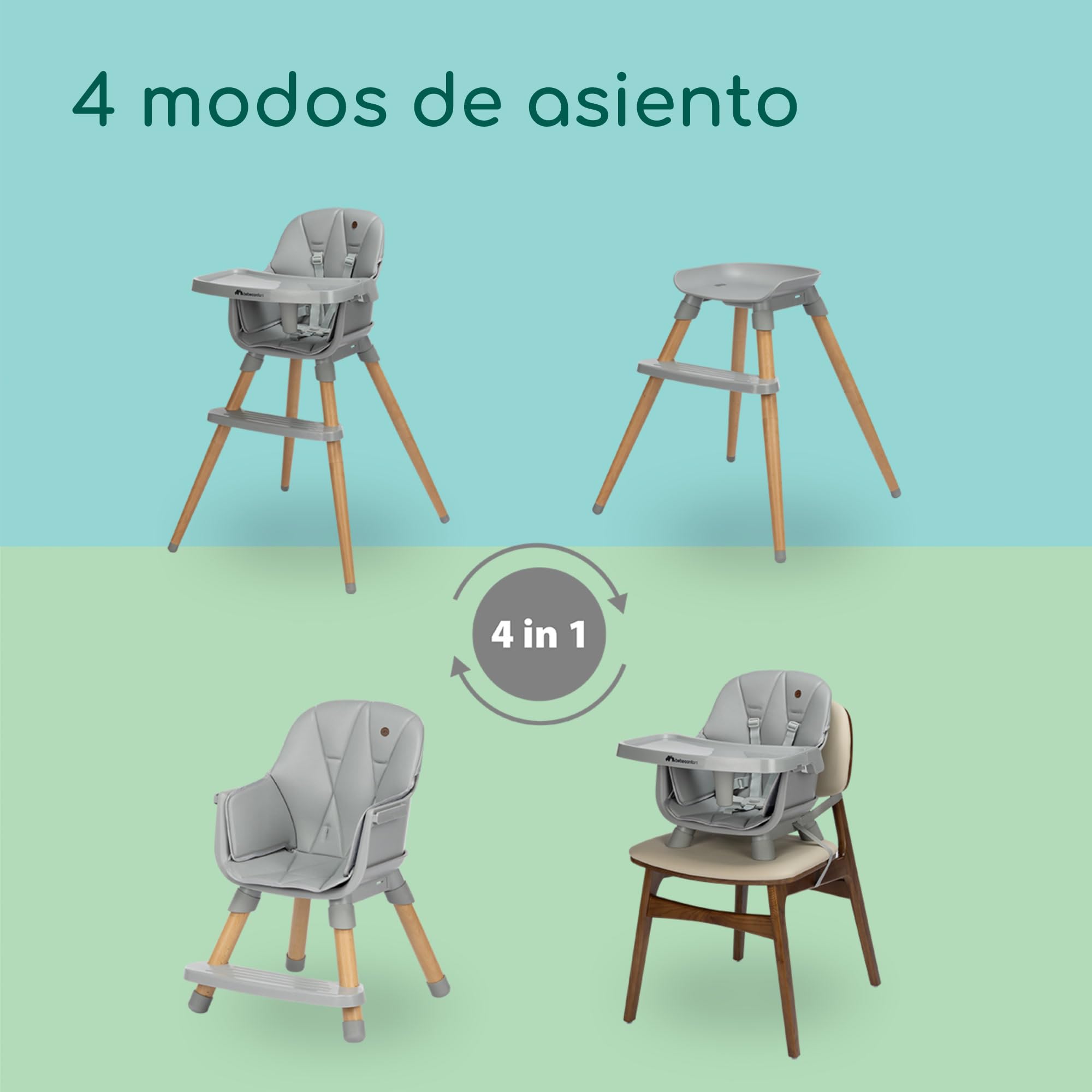 Bebeconfort Avista 2, Trona 4 en 1, Trona de Bebé Evolutiva, Asiento Elevador, Silla para Niño Pequeño, de 6 meses a 14 años (de 9 a 60 kg), Cojines Acolchados, Bandeja Ajustable, Tinted Grey