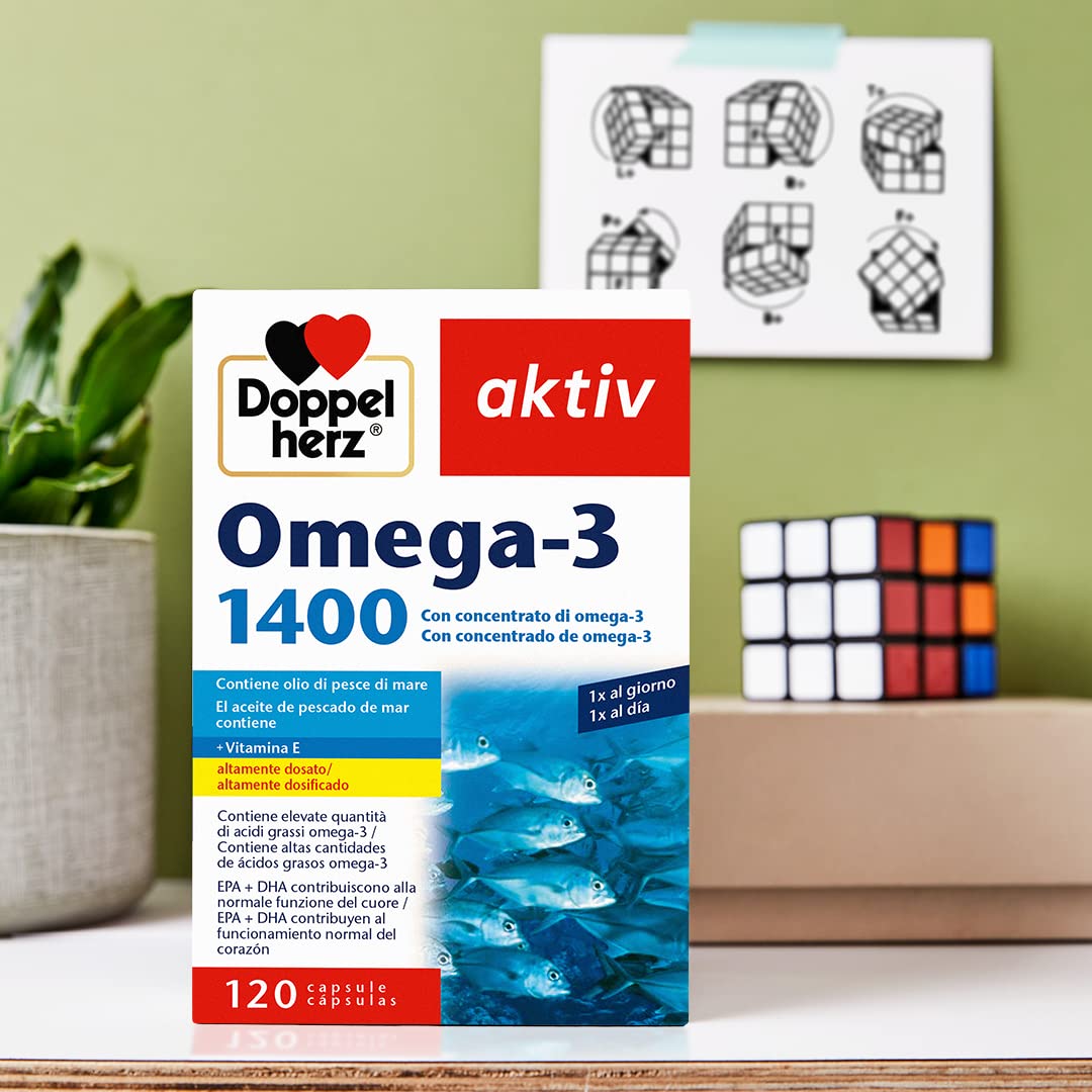 Doppelherz aktiv Omega-3 1400 - Integratore Alimentare con Concentrato di Omega-3 (DHA e EPA) e Vitamina E - Altamente Dosato - Senza Glutine e Lattosio - 120 Capsule