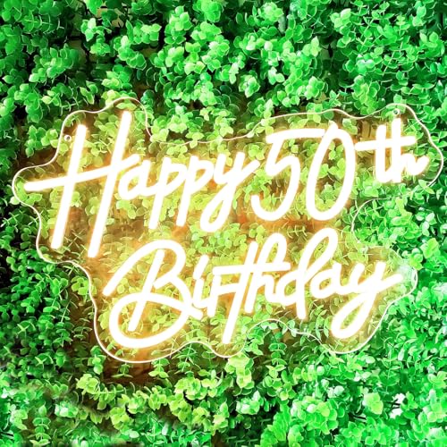 Image of Happy 50th Birthday Neon Sign For Birthday Party16.5 inch*10.5 inch Neon Happy Birthday Led Neon Light For Party Backdrop Wall Decor With Dimmable Switch Birthday Light Up Sign Birthday Gift