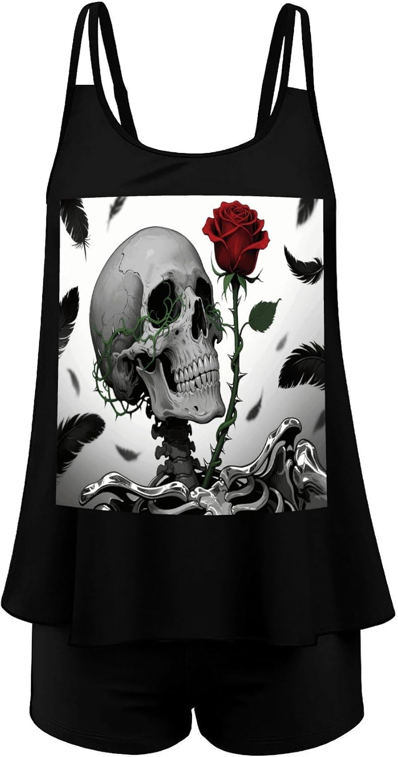 Skeleton Red Rose Tankini Swimsuits for Women Tummy Control Two Piece Bathing Suits Swim Tops with Boy Shorts