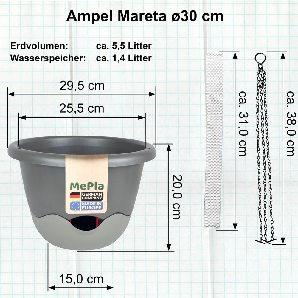 MePla - Lot de 2 pots de fleurs Mareta Ø 30 cm vert clair/vert foncé + 1 bande d'irrigation de rechange de 62 cm - Jardinière suspendue auto-arrosante avec réservoir d'eau - Résistant aux UV et aux