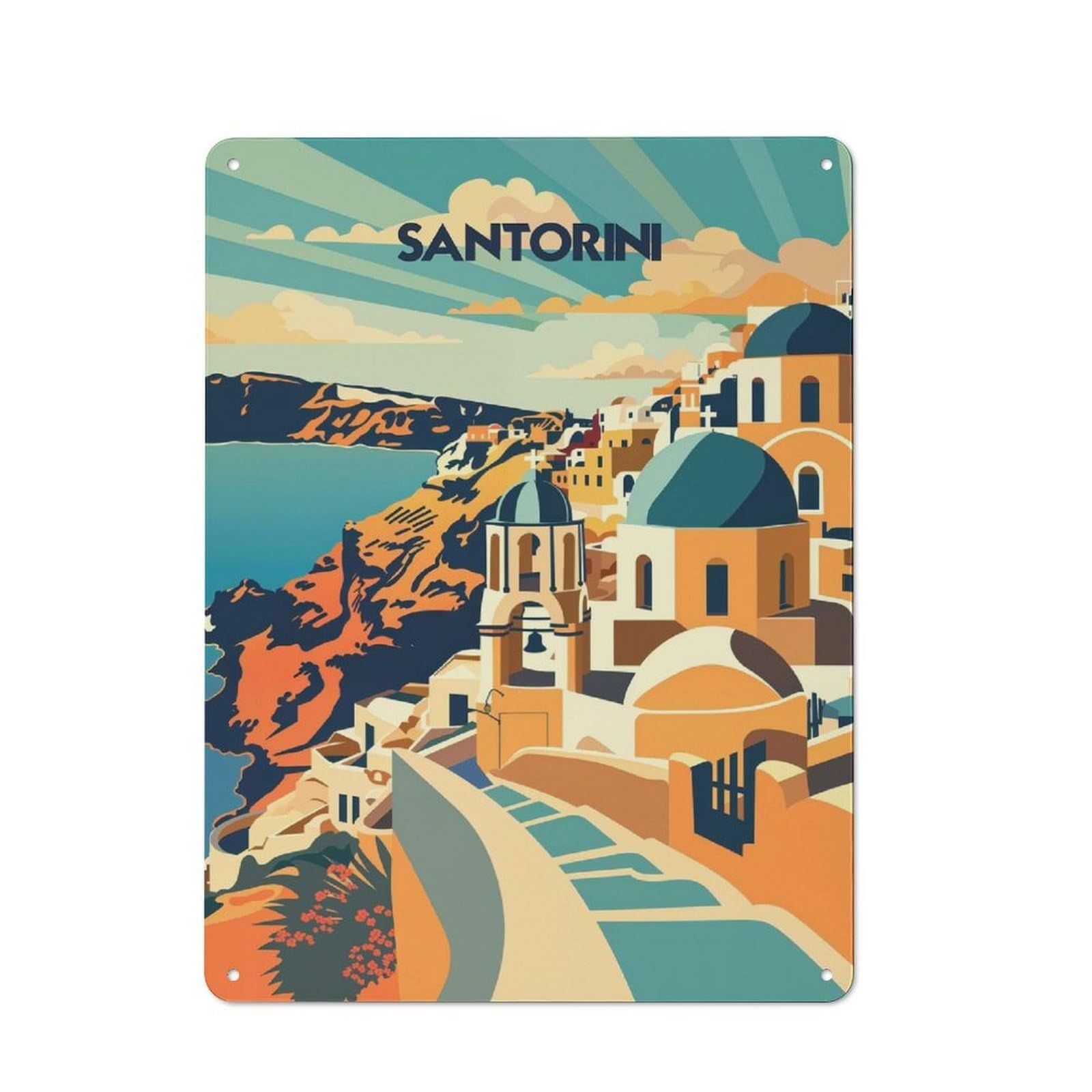 Junmoney Style-6 Santorini Sunlit Domes Retro Metal Wall Sign 40X30cm For Living Room Or Hallway, For Collectors Decorating Living Rooms And Hallways
