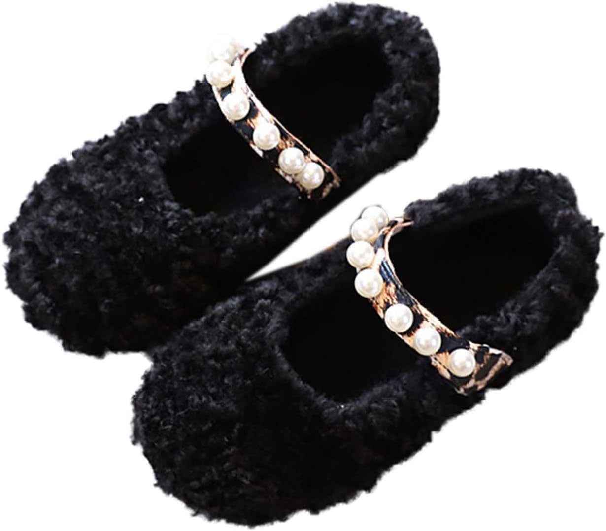 [KLIAN] ファー ローファー ふわふわ パール付き スリッポン フラット ブラック シューズ 靴 女の子 パンプス レオパード