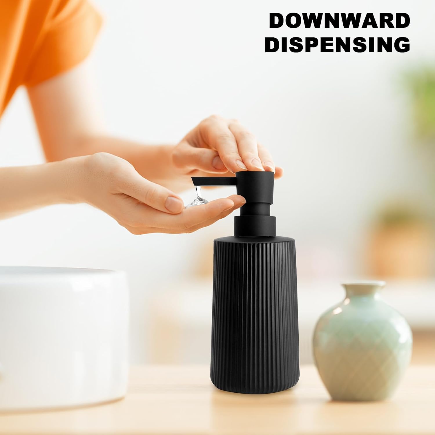 Glass Soap Dispenser for Bathroom, 250ml/8.5oz Dish Soap Dispenser with Pump for Kitchen, Modern Minimalist Stripe Style Hand Soap Dispenser, Small Refillable Soap Dispenser (Black 2pcs)