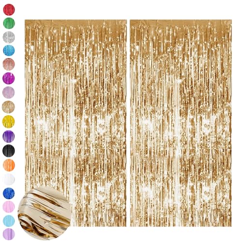 Champagne Gold Tinsel Curtain Party Backdrop 2pcs 3.2ft x 6.5ft Foil Curtain Decorations Foil Fringe Streamers Metallic Tinsel Door Hanging Foil Flow Silk Streamers for Birthday Wedding Holiday Party
