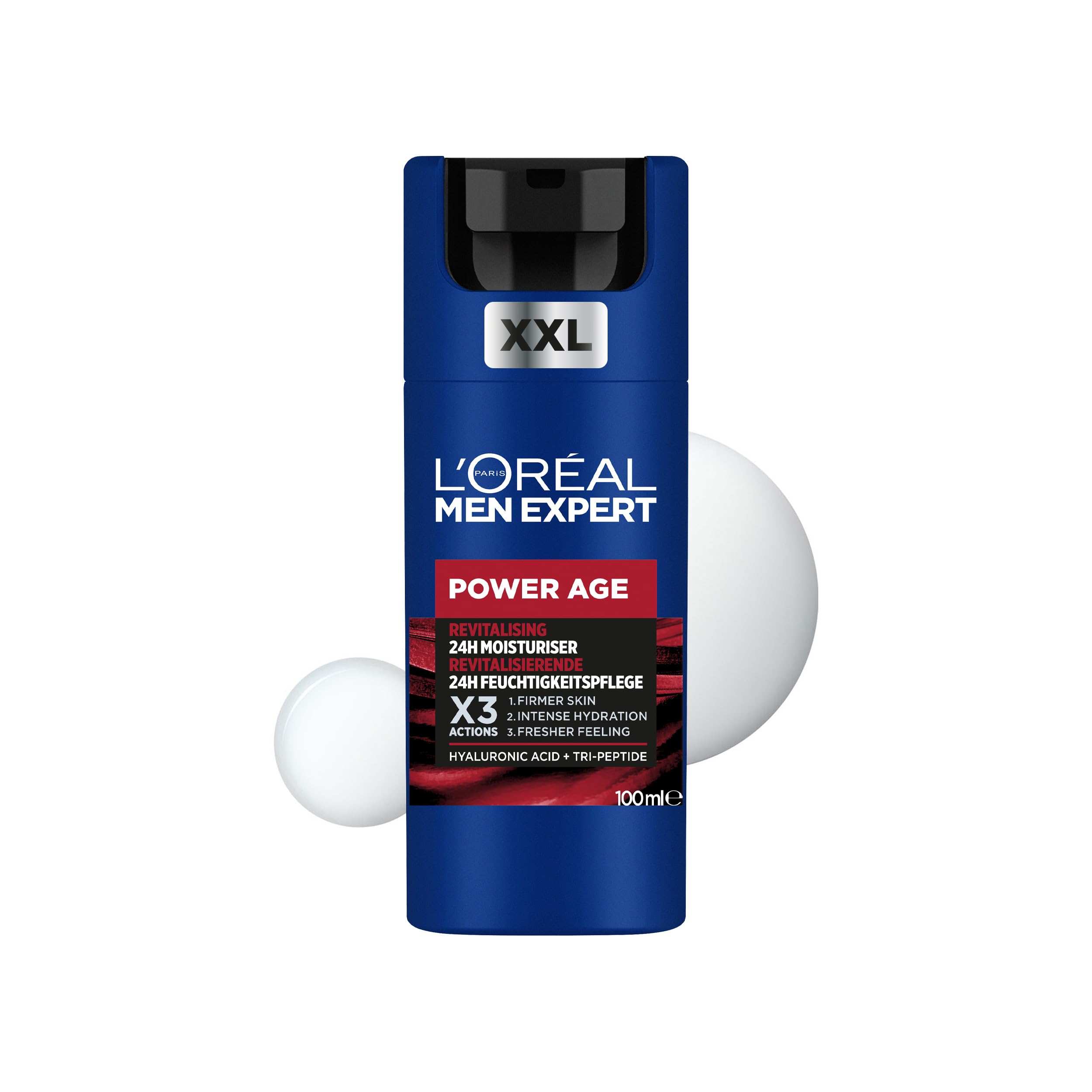 L'Oréal Men Expert Gesichtscreme gegen Falten für Männer, Anti-Aging Feuchtigkeitspflege für müde und matte Haut, Gel-Creme für Herren mit Hyaluronsäure und Tri-Peptide, Power Age, 100 ml Soin Visage XXL 100 ml (1er Pack)