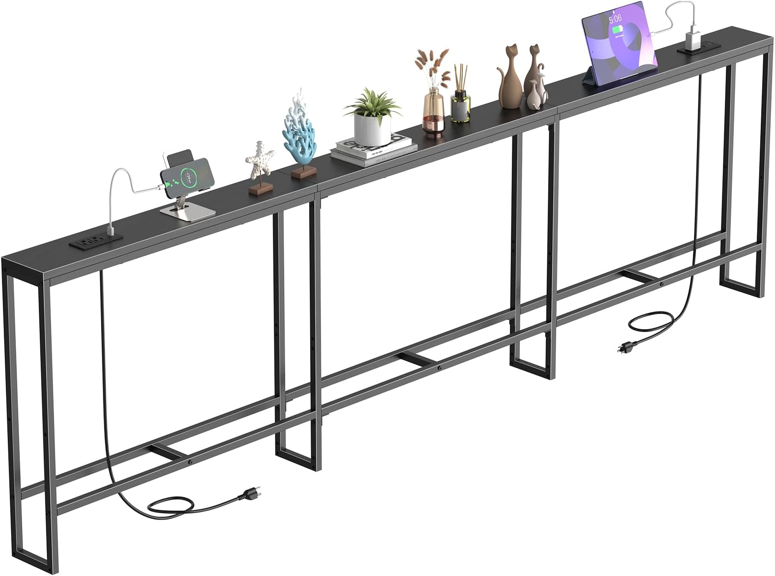 102 Inch Extra-Long Narrow Console Table with Charging Station (2 Outlets + USB-C), Sofa Table,Behind Couch Table with Storage Shelves for Entryway & Small Spaces - Black