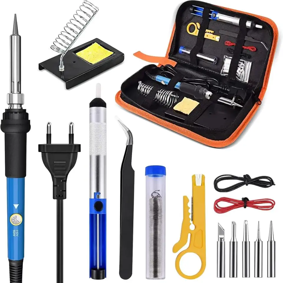 Kit de ferro de solda 14 em 1, ferro de solda de temperatura ajustável de 110 V, 20 W a 60 W, 1 bomba de dessoldagem, 1 estação de solda, 5 pontas de solda, 1 fio de solda