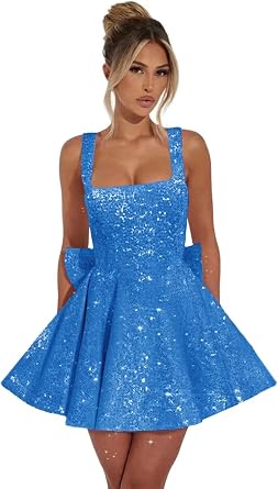 Blue Homecoming Dresses Sequin HOCO Short Prom Dress Sparkly A Line Square Neck Graduation Party Gown for Teens US4