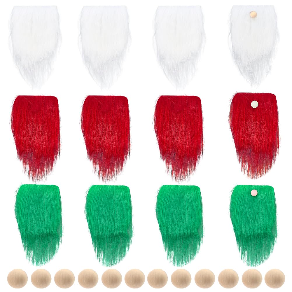 SOFPLATE 12 Sets 3 Colors Gnomes Beard Kit Christmas Gnome Beard and Nose White Red Green Faux Fur Fabric Unfinished Wood Balls Decorations for DIY Crafts Party Halloween Easter Festival Ornaments