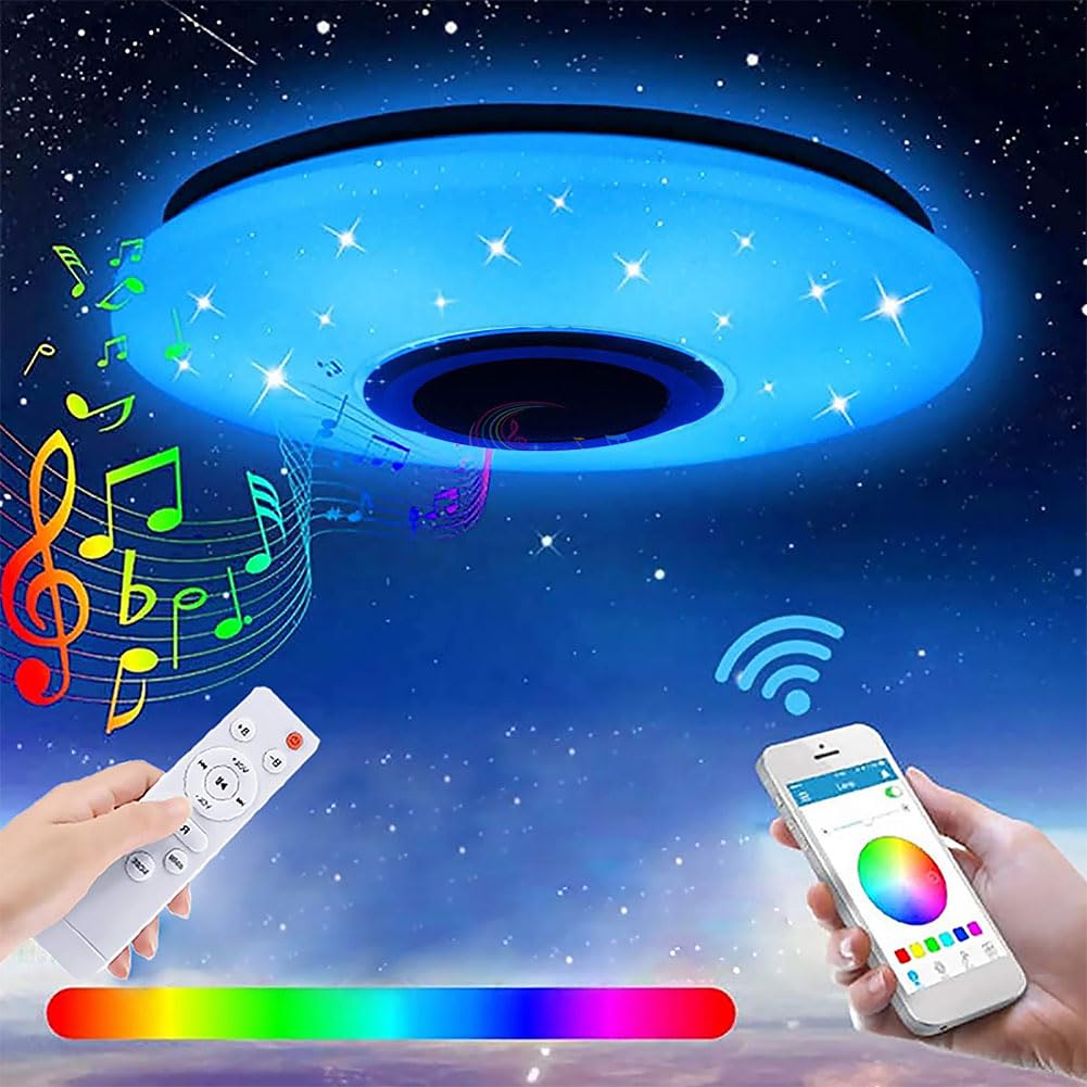 Fiorky RGB LED Ceiling Light with Bluetooth Speaker 60W, Brightness Dimmable Color Changing Cool/Warm White Ceiling Lamp with Remote Control and App, Family Party Ceiling Lights for Bedroom
