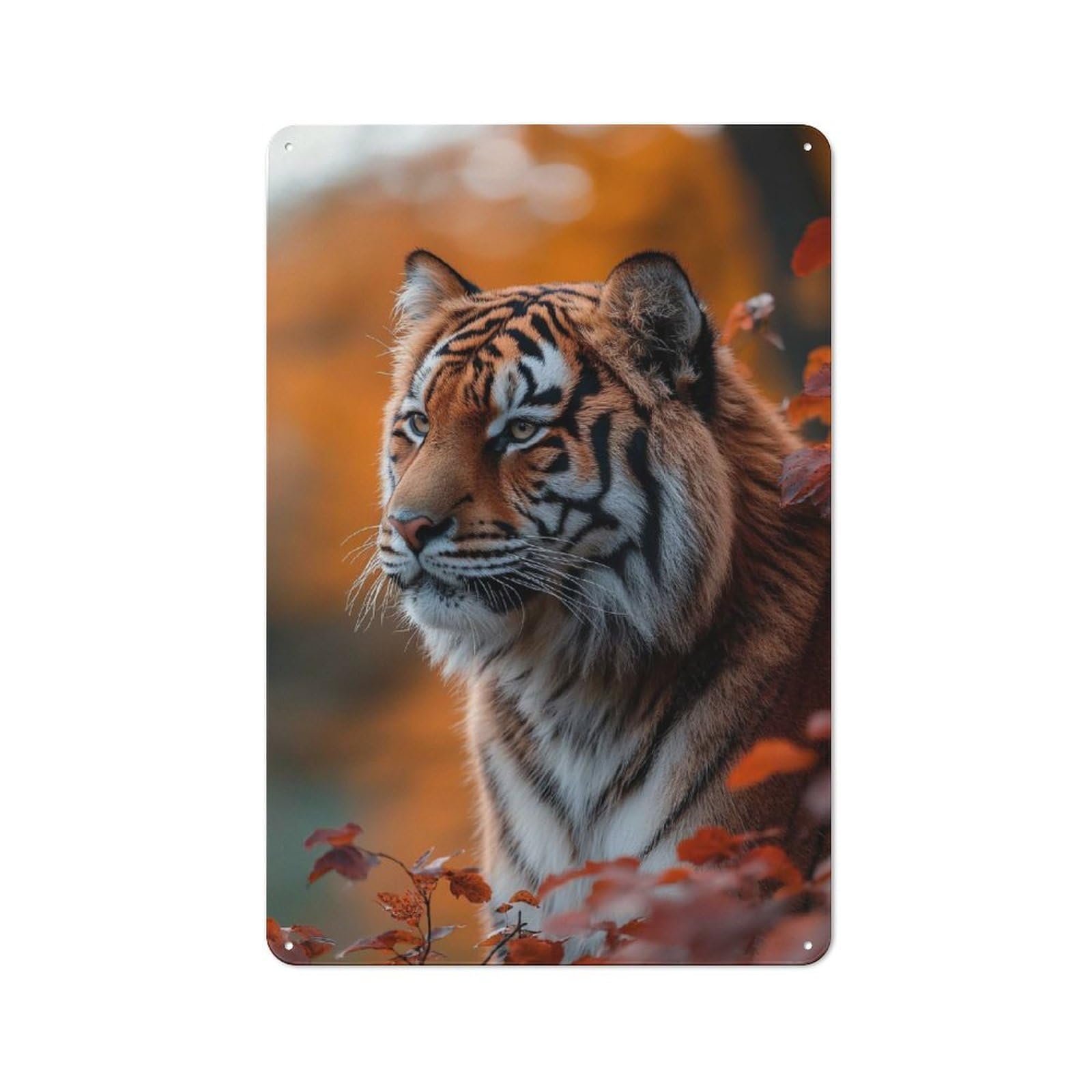 Junmoney Style-21 Tiger Portrait In Autumnal Setting Rustic Metal Sign 30X20cm For Garden Room Or Summerhouse, For Themed Interiors In Garden Rooms And Summerhouses