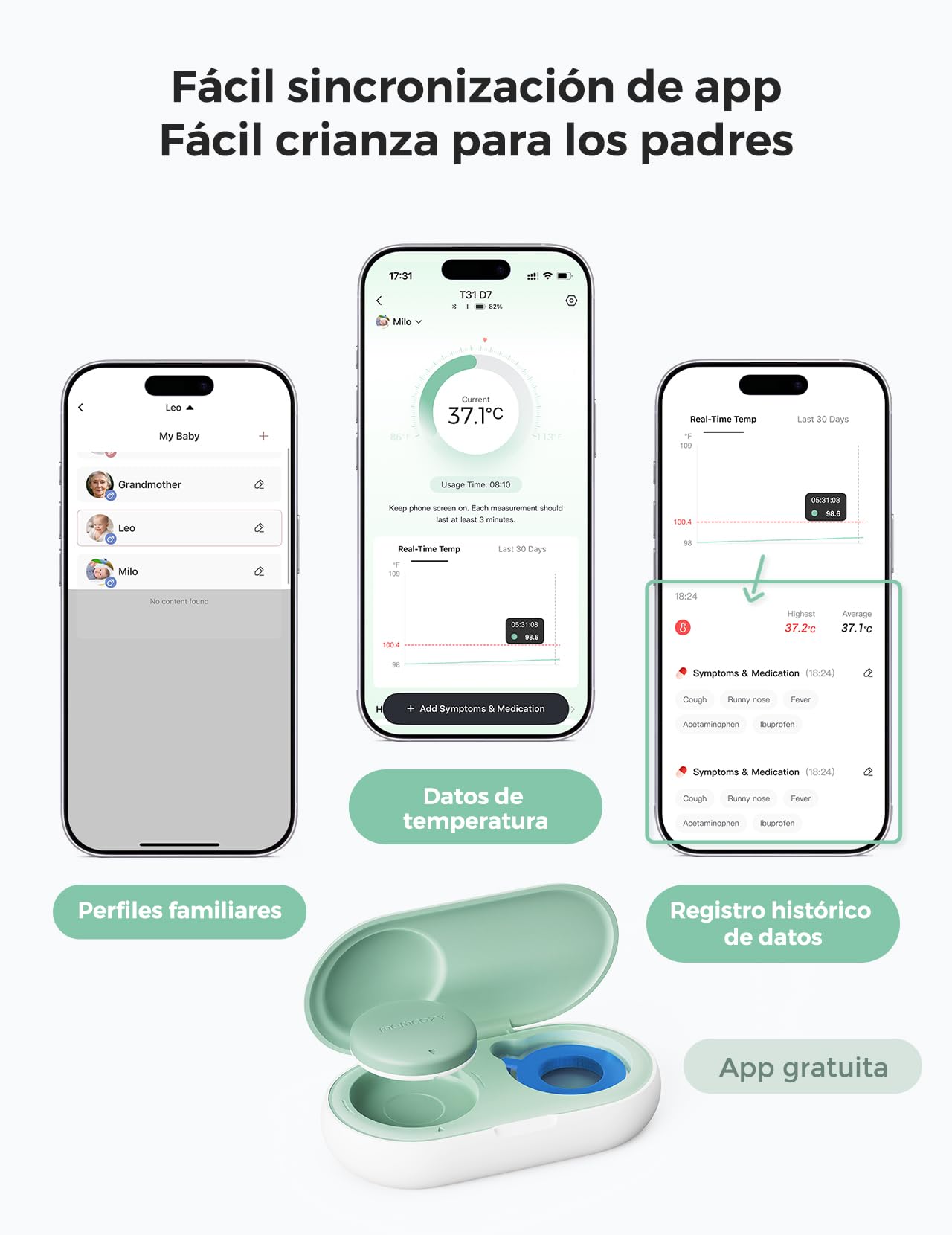 Momcozy Termometro Digital Bebe con Precisión de Grado Médico, Termometro Inteligente Bebe con Lectura Instantánea, Monitoreo en Tiempo Real vía App para Bebés y Niños, Parche Hipoalergénico 3M