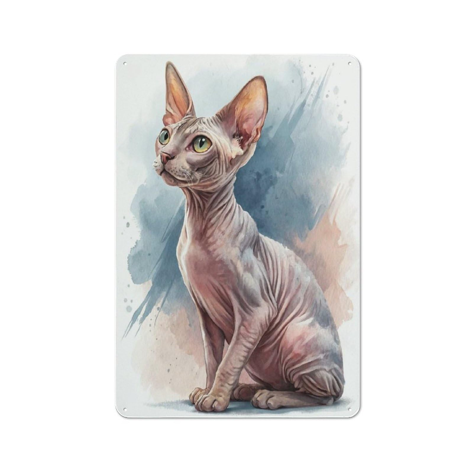 Junmoney Style-7 For Lounge Or Reading Corner, Watercolor Sphynx Cat Portrait Retro Tin Sign 30X20cm, Gift For Reading Corner Decorators During The Christmas Season