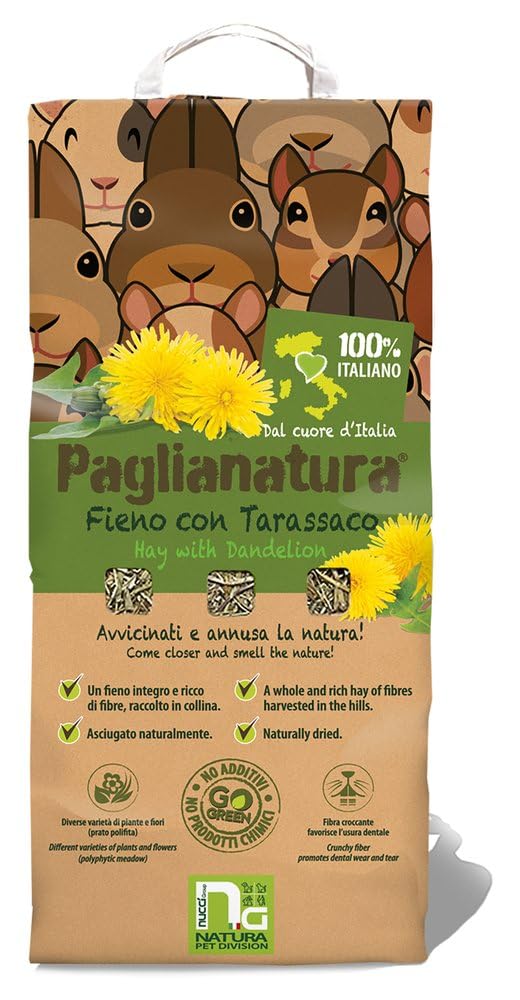 Paglianatura Zestaw 6 worków z naturalnym sianem 1300 g z mniszkiem lekarskim — pokarm bogaty w błonnik dla królików, świnek morskich i gryzoni — wspomaga zdrowie jelit i silne zęby