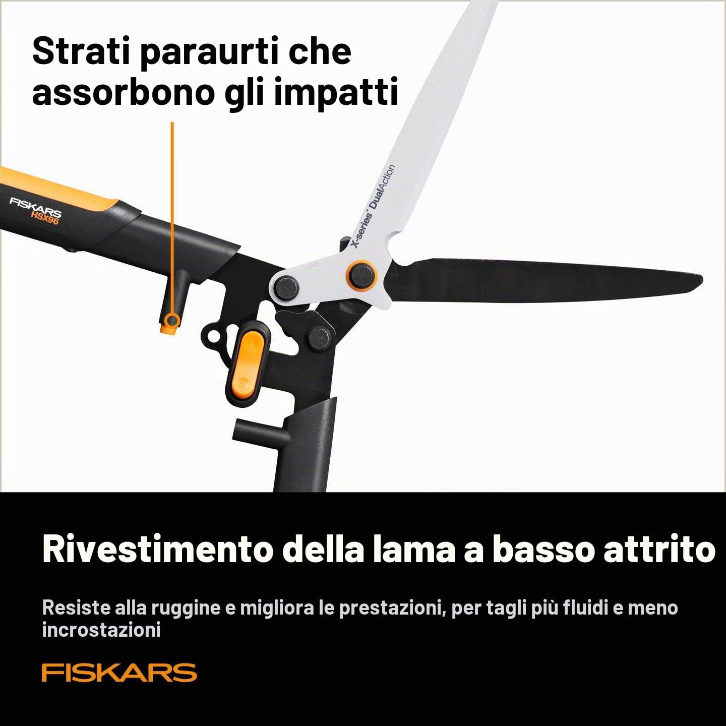 Fiskars X-series DualAction Tagliasiepi HSX96 | Modalità 2 in 1 Per Tagli Rapidi o Potenti, Nero/Arancione, 1080134